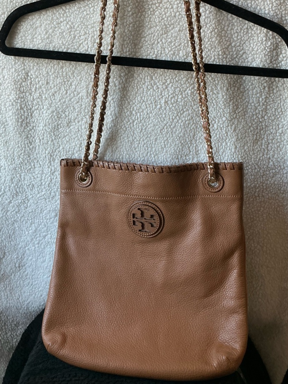 SOLD -Tory Burch Cognac Pebbled Leather Chain-Shoulder Tote